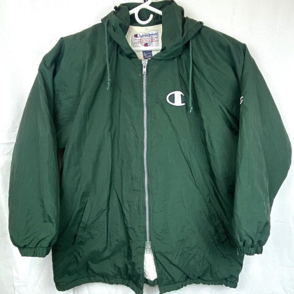 Vintage Champion Long‎ Hooded Coat Green Insulated Size Large Full Zip Spellout